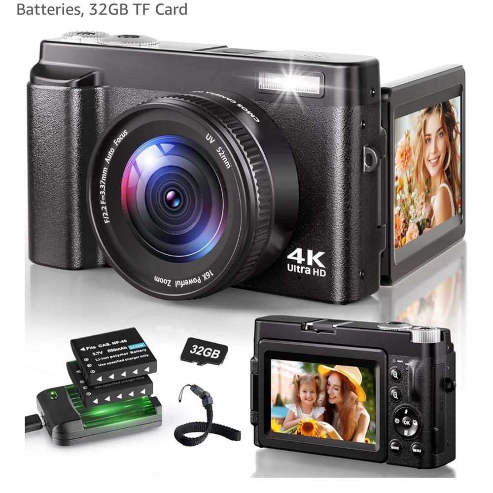 4K Ultra HD Compact Digital Camera in Black with Flip LCD